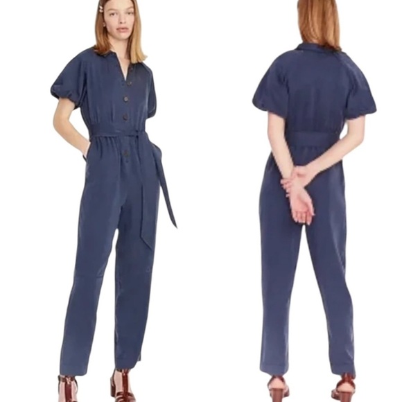 NWT J. Crew Puff Sleeve Drapey Belted Jumpsuit Blue Size 0 - Picture 2 of 11